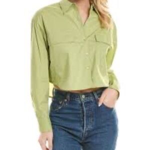 Rebecca Taylor Poplin Cropped Button Down Collared Shirt, Green, Large